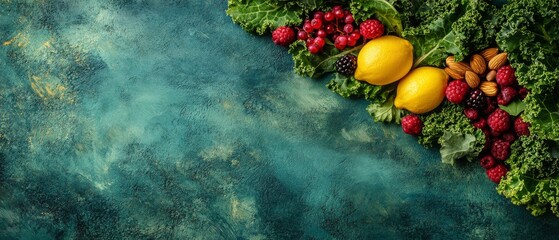 Wall Mural - A variety of fresh fruits and vegetables are artfully arranged on a teal surface, featuring lemons, berries, almonds, and leafy greens, promoting healthy eating habits