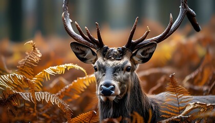 Wall Mural - Majestic red deer stag surrounded by vibrant autumn ferns