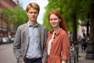 Poster - A man and a woman are standing on a sidewalk in front of a building