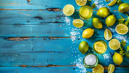 Mexican Tequila shots, lime slices and salt on blue wooden table