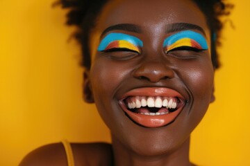 Black Colorful. Portrait of Laughing African American Woman with Colorful Makeup on Yellow Background