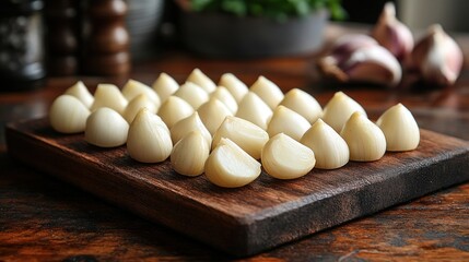 Wall Mural - Peeled Garlic Cloves on Wooden Board