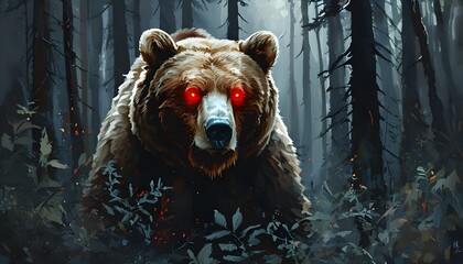 Wall Mural - Eerie red eyes of a bear emerge from the shadows of a dense forest, creating an atmosphere of mystery and intrigue.