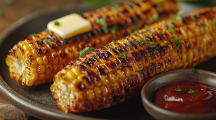 Canvas Print - Grilled Corn on the Cob with Butter and Ketchup