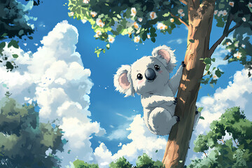 Sticker - cute koala in the forest, white clouds blue sky