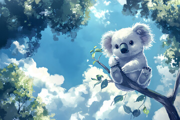 Wall Mural - cute koala in the forest, white clouds blue sky