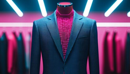 Stylish suit displayed on a mannequin in a vibrant, illuminated fashion store, showcasing modern apparel design.