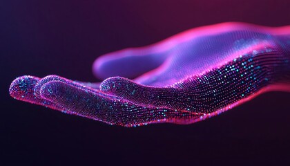Poster - A futuristic hand illuminated by vibrant neon colors, showcasing digital particles and a captivating glow.