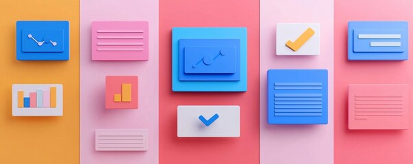 Poster - Colorful digital elements illustrating data trends and metrics in a modern, abstract design, perfect for presentations and marketing.