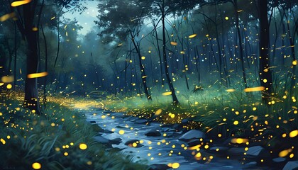 Wall Mural - Enchanted forest illuminated by glowing fireflies amidst lush greenery