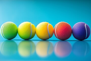 Poster - Row of tennis balls with different colors. The balls are yellow, green, pink, and purple. fresh, rainbow colored tennis balls