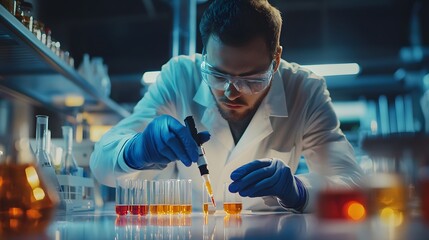 Poster - Scientist in a Lab Coat Conducts an Experiment Using a Pipette to Transfer Liquid into Test Tubes