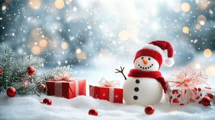 Wall Mural - christmas winter background with snowman, presents, and bokeh snowflakes - merry christmas and happy