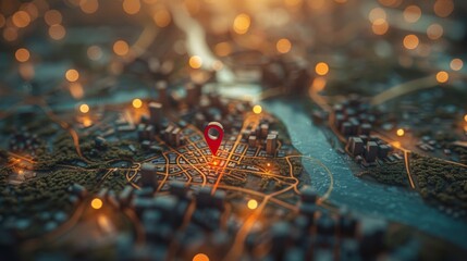Poster - A red location marker pinpoints a spot on a city street map with a blurred urban backdrop.