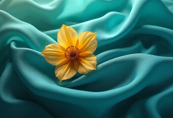 Golden flower on teal fabric waves. Elegance concept in abstract art