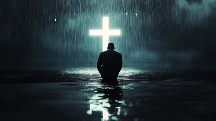 Man in Rain Seeking Mercy. A Plea for Help Amidst a Spiritual Crisis and Test of Faith