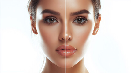 Poster - Woman’s face with natural skin on one side, other side enhanced with foundation and contouring, flawless complexion..