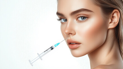 Sticker - womans cheeks with contouring procedure, syringe near cheekbone