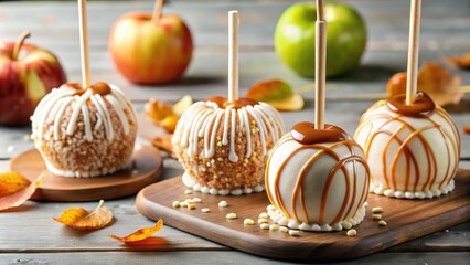 Wall Mural - White chocolate-covered caramel apples with a decorative caramel drizzle on a wooden board, surrounded by fresh apples