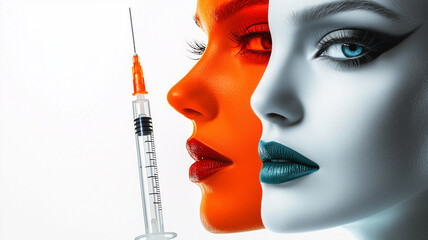 Canvas Print - Woman's face with natural side, syringe near forehead, dramatic eyeshadow and bold lipstick on other side..