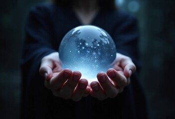 Magic crystal ball in the hands witch fortune teller, the theme of mysticism, occult and paranormal