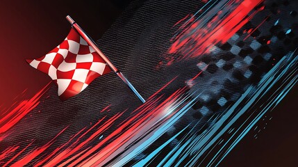 Poster - Checkered racing flag with abstract red and blue streaks on a black background.