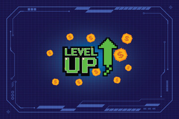 Wall Mural - LEVEL UP !! text with gold coin on blue background. pixel art .8 bit game. retro game. for game assets in vector illustrations.