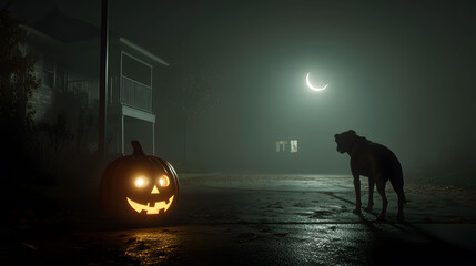 A dog is standing in front of a pumpkin with a smile on its face