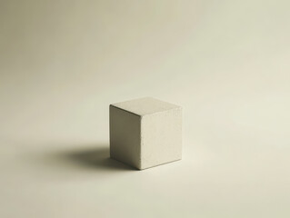 Wall Mural - Small cube with light shadow on beige background, minimalist design.