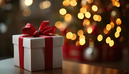 A beautifully wrapped gift with a red bow sits on a table, surrounded by soft, glowing Christmas lights.