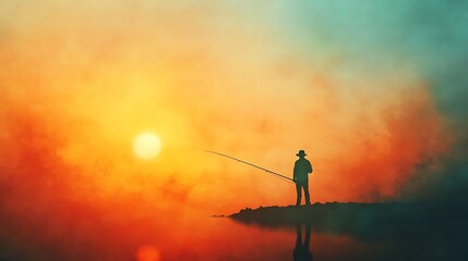 Wall Mural - Silhouette of a Fisherman Casting a Line at Sunset.