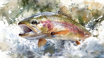 Watercolor Painting of a Rainbow Trout Jumping Out of the Water.