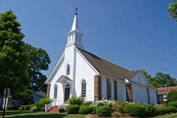 Church Building. White Baptist Chapel with Steeple Tower and Religious Symbols