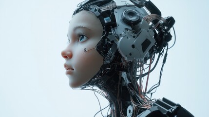Poster - ai generated humanoid cyborg robot girl with metallic skeletons entangled in machine cables