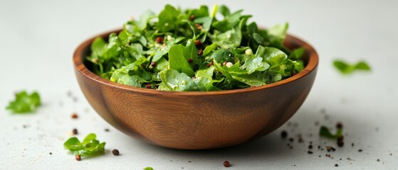 Wall Mural - A vibrant, fresh green salad featuring a mix of leafy greens and colorful spices is arranged beautifully in a wooden bowl on a light surface