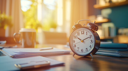 Alarm clock on desk with paperwork.