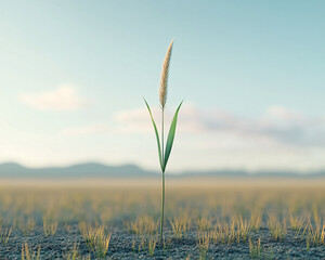 Wall Mural - single grass plant growing in arid landscape - minimalist, nature, hope, resilience, desert, growth, sunrise, background, nature, minimalist, simplicity