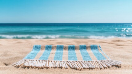 A vibrant beach scene featuring a blue-striped mat resting on golden sand with the tranquil ocean in the background under a clear blue sky.