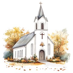 Canvas Print - Watercolor Illustration of a Small Church Surrounded by Fall Foliage.