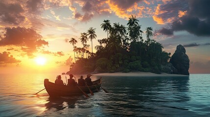 Sticker - Rowboat with Four People Approaching a Tropical Island at Sunset