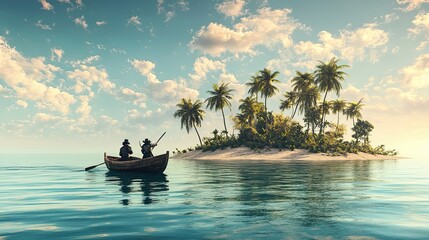 Wall Mural - Two Pirates in a Rowboat Approaching a Tropical Island