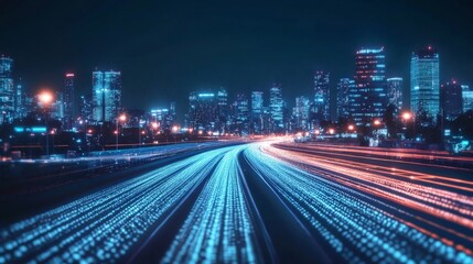 Wall Mural - Futuristic City Skyline with Illuminated Highway at Night