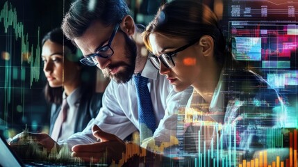 Poster - Creative design. Collage. Business people, managers, analytics of the company working together on profitable business growth