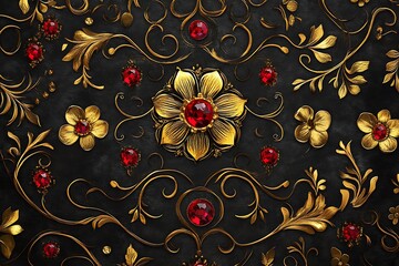 3d rendering. Golden stylized flowers, delicate shiny curls, paisley element, seamless pattern.