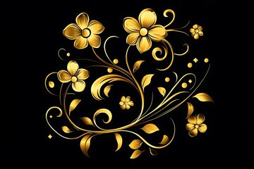 3d rendering. Golden stylized flowers, delicate shiny curls, paisley element. Decorative corner, pattern.