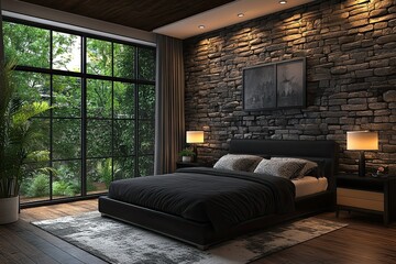 Wall Mural - interior design natural hotel bedroom with stacked stone wall, luxury classic black wooden bed and elegant wooden floor 