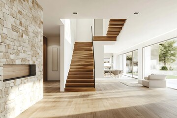 House Interior With Wooden Stairs, Walls, And Fireplace.