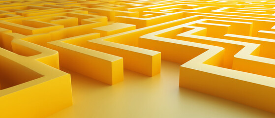 Poster - This vibrant yellow maze features bold three-dimensional walls creating a complex network of pathways, drawing the viewer's eye into its intricate design