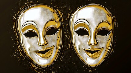 Two white and gold theatrical masks on black background.