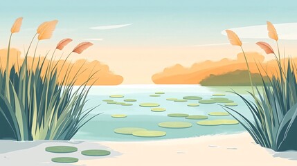 A serene lake with lily pads and tall grass at sunrise, depicting a tranquil, idyllic landscape.